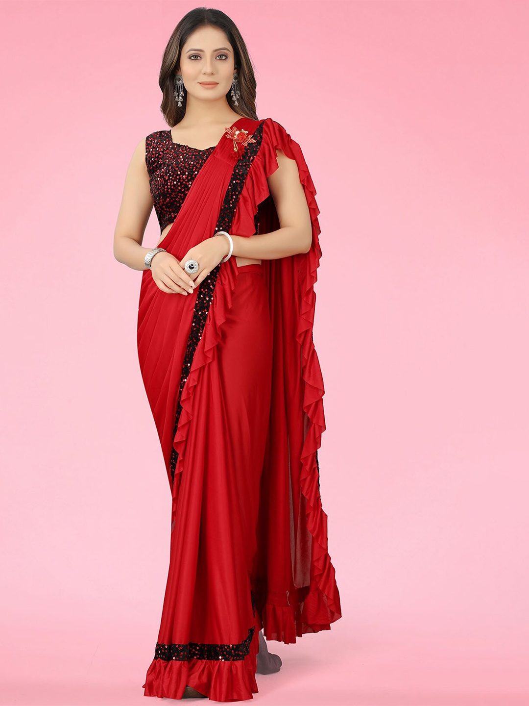 

Dhyey Fashion Embellished Sequinned Ready to Wear Saree, Red