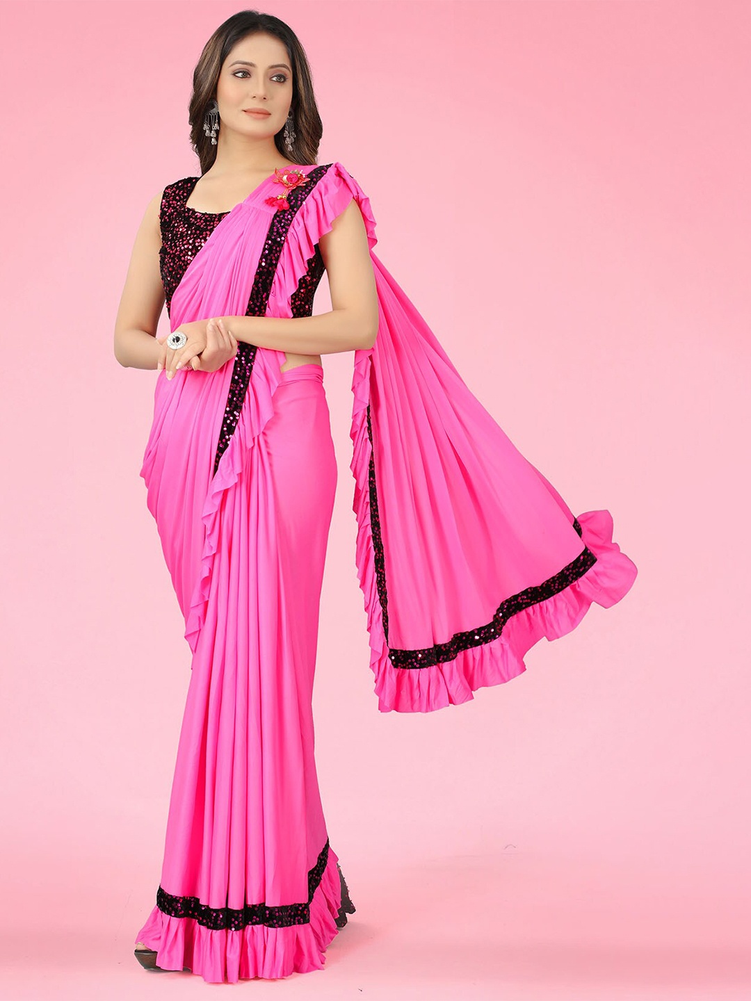 

Dhyey Fashion Ready To Wear Ruffles Saree, Pink
