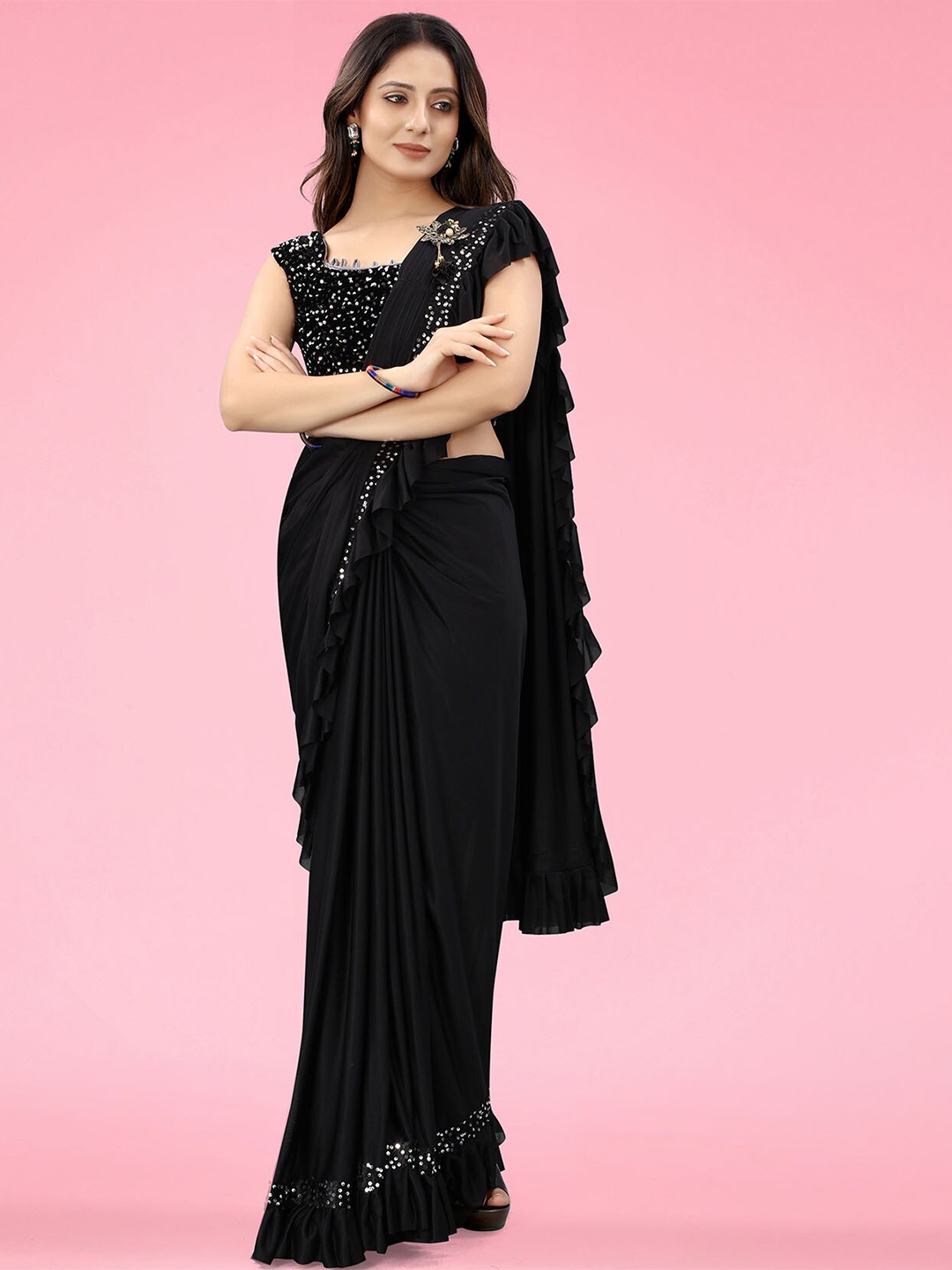 

Dhyey Fashion Embellished Sequinned Ready to Wear Saree, Black