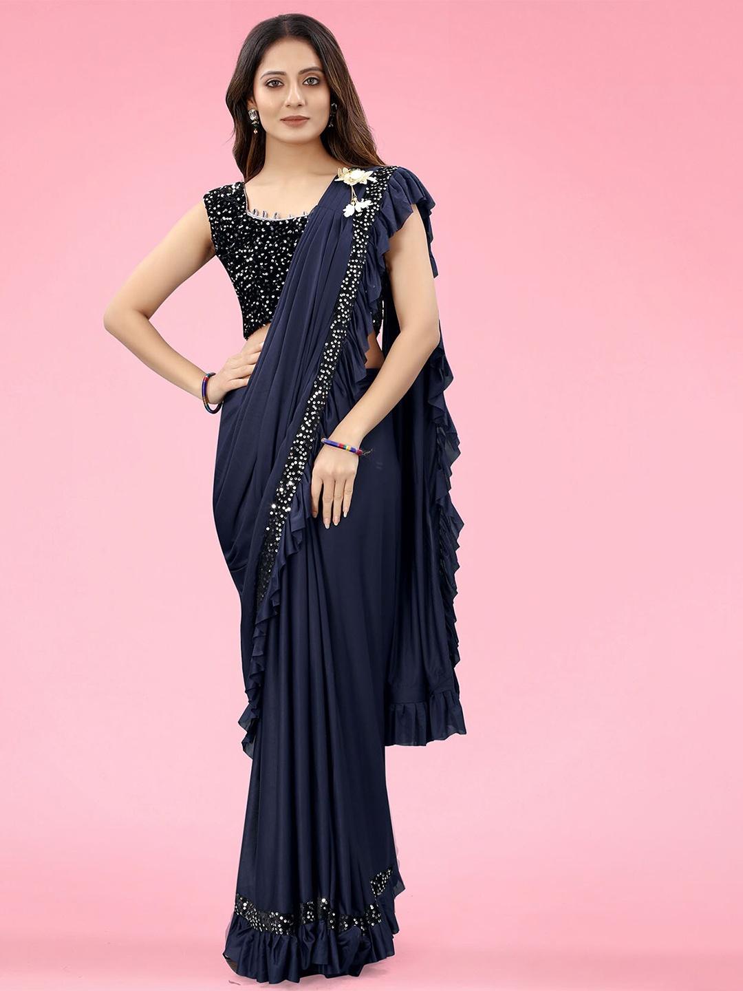 

Dhyey Fashion Embellished Sequinned Ready to Wear Saree, Blue