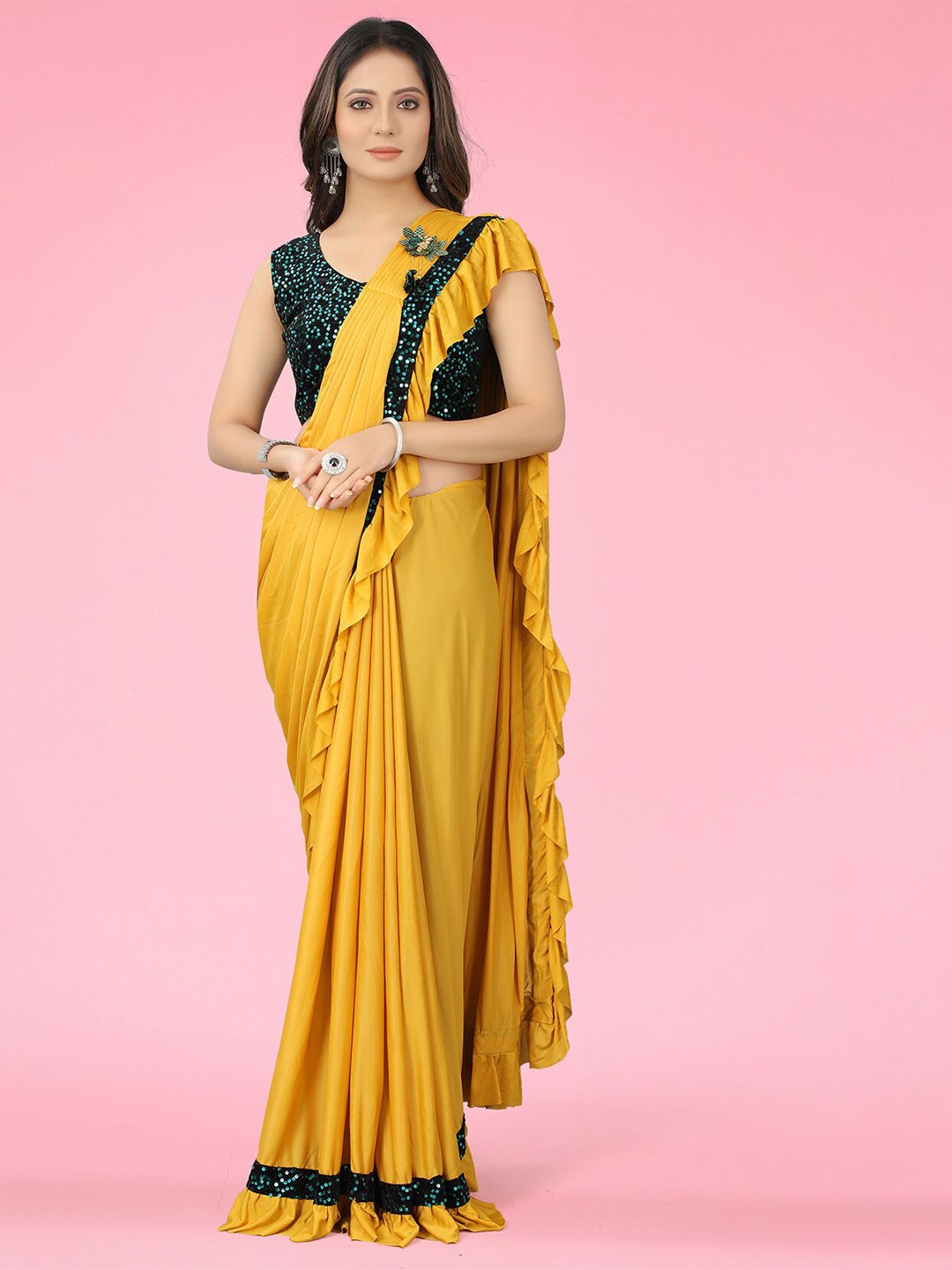 

Dhyey Fashion Ready To Wear Ruffles Saree, Yellow