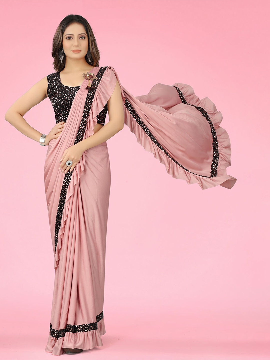 

Dhyey Fashion Embellished Sequinned Ready to Wear Saree, Peach