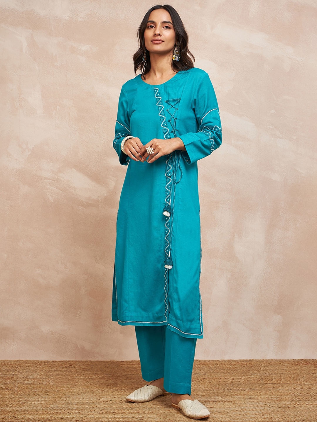

STADO Embroidered Straight Organic Cotton Kurta with Trousers, Teal