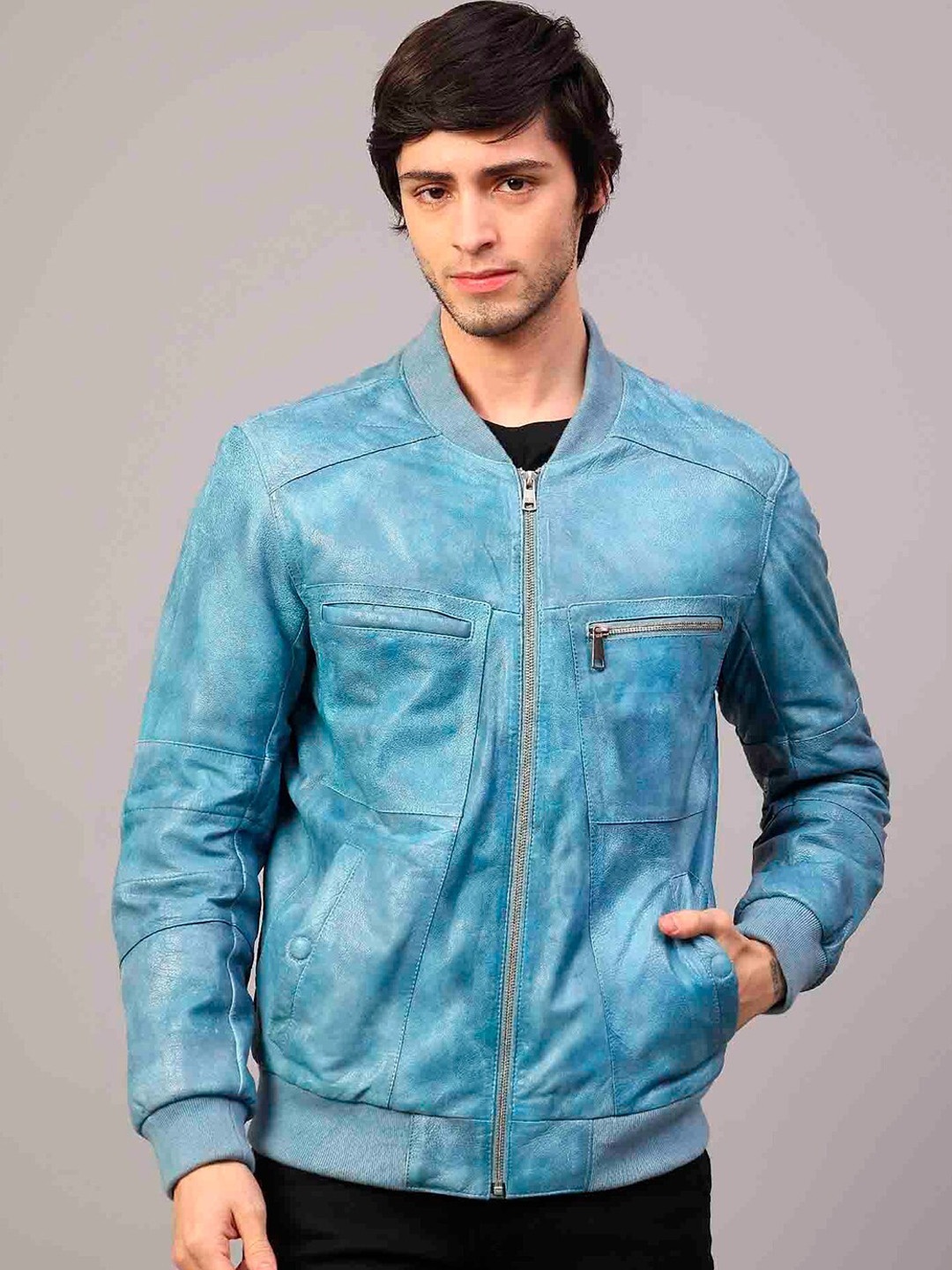 

Saint G Washed Leather Water Resistant Bomber Jacket, Blue