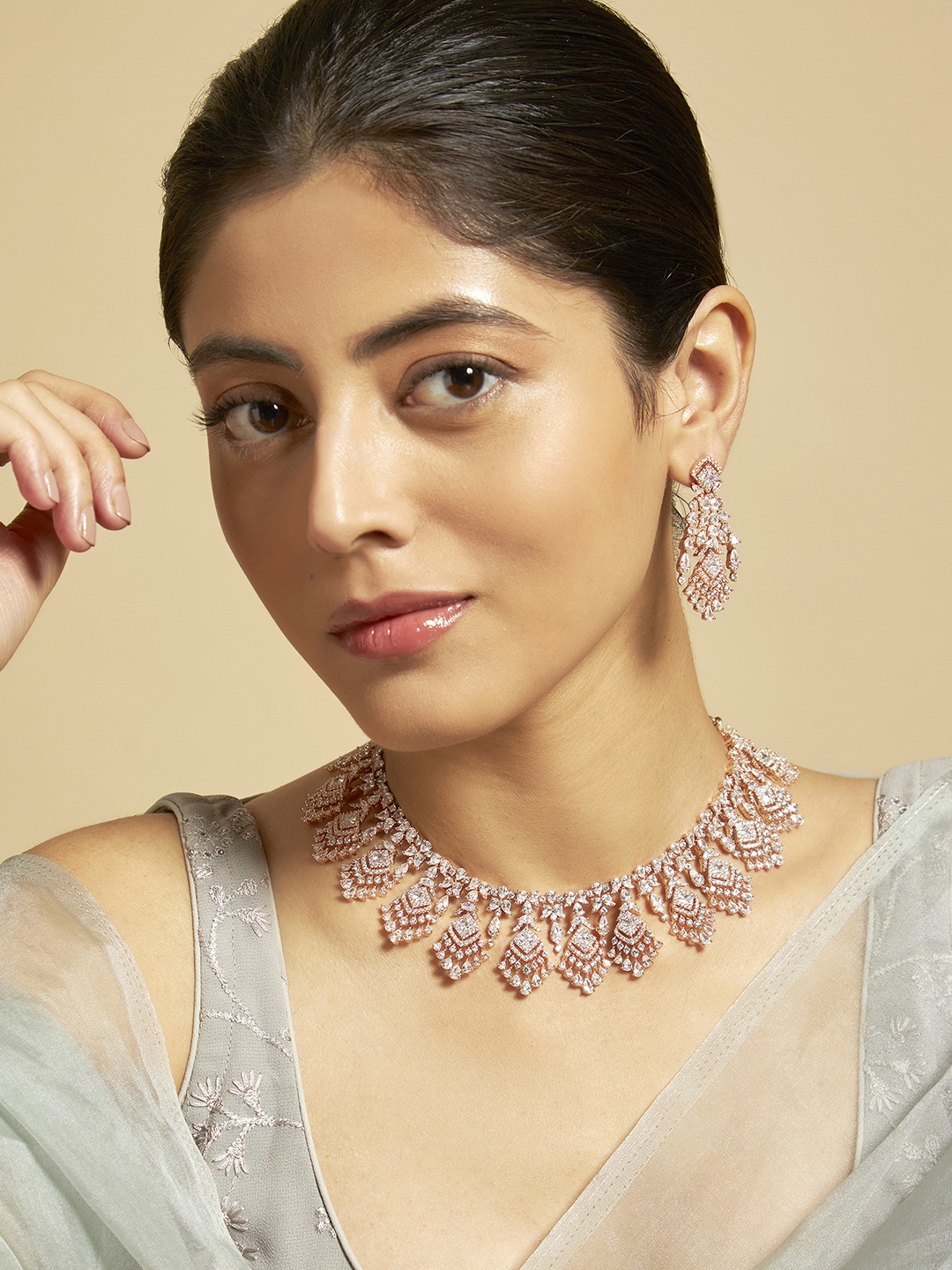 

Kushal's Fashion Jewellery Rose Gold Plated Cubic Zirconia Studded Jewellery Set