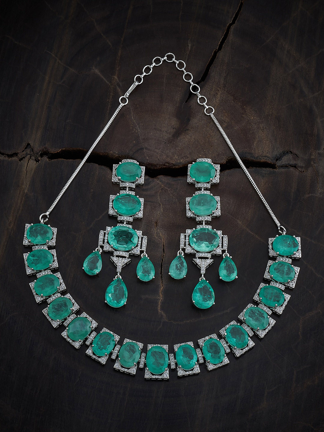 

Kushal's Fashion Jewellery Rhodium Plated CZ Studded Jewellery Set, Silver