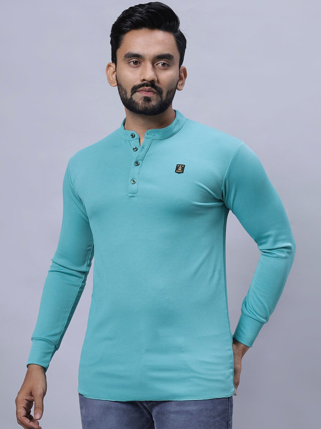 

N AND J Henley Neck Long Sleeves Cotton T-shirt, Teal