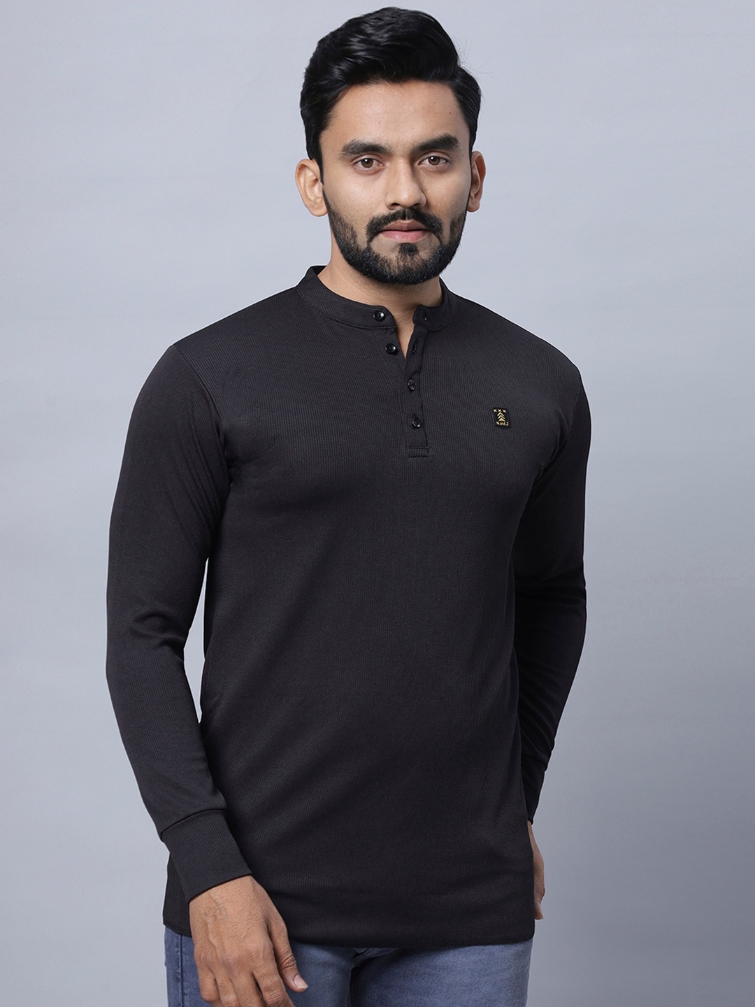 

N AND J Henley Neck Long Sleeves Cotton T-shirt, Black