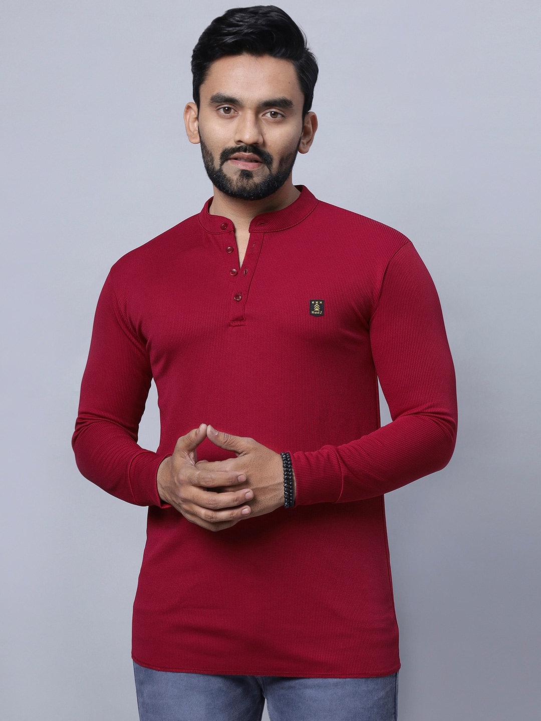 

N AND J Mandarin Collar Cotton Casual T-shirt, Maroon