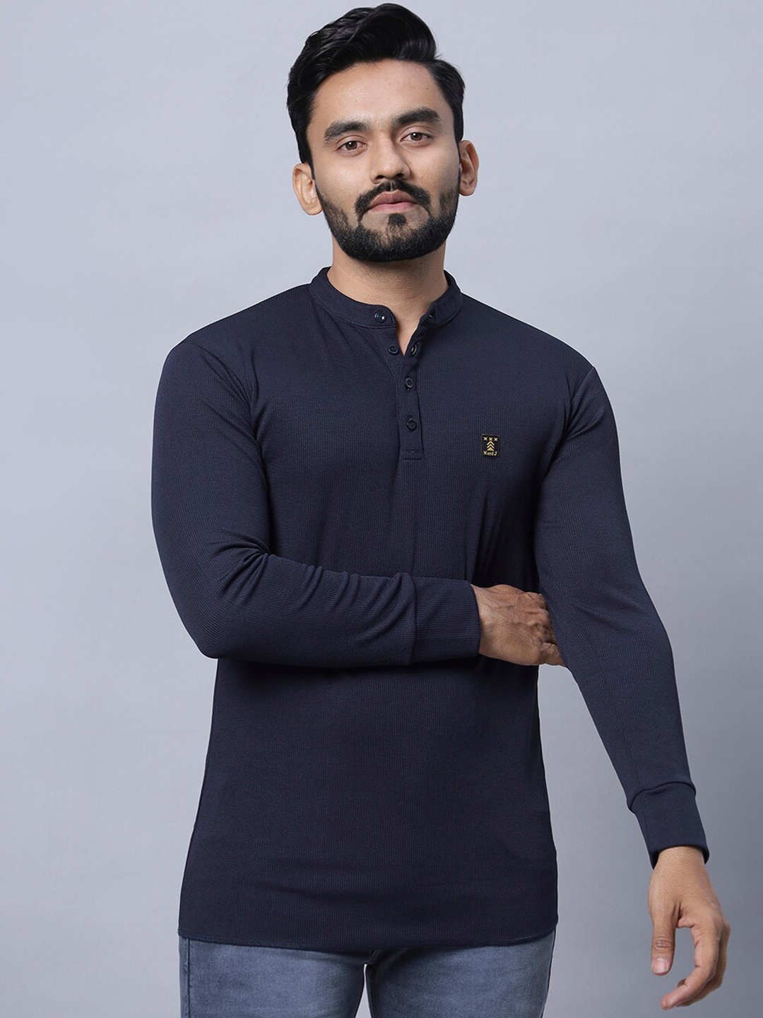 

N AND J Henley Neck Long Sleeves Cotton T-shirt, Navy blue