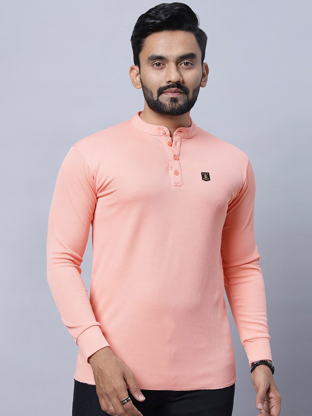 

N AND J Mandarin Collar Cotton Casual T-shirt, Peach