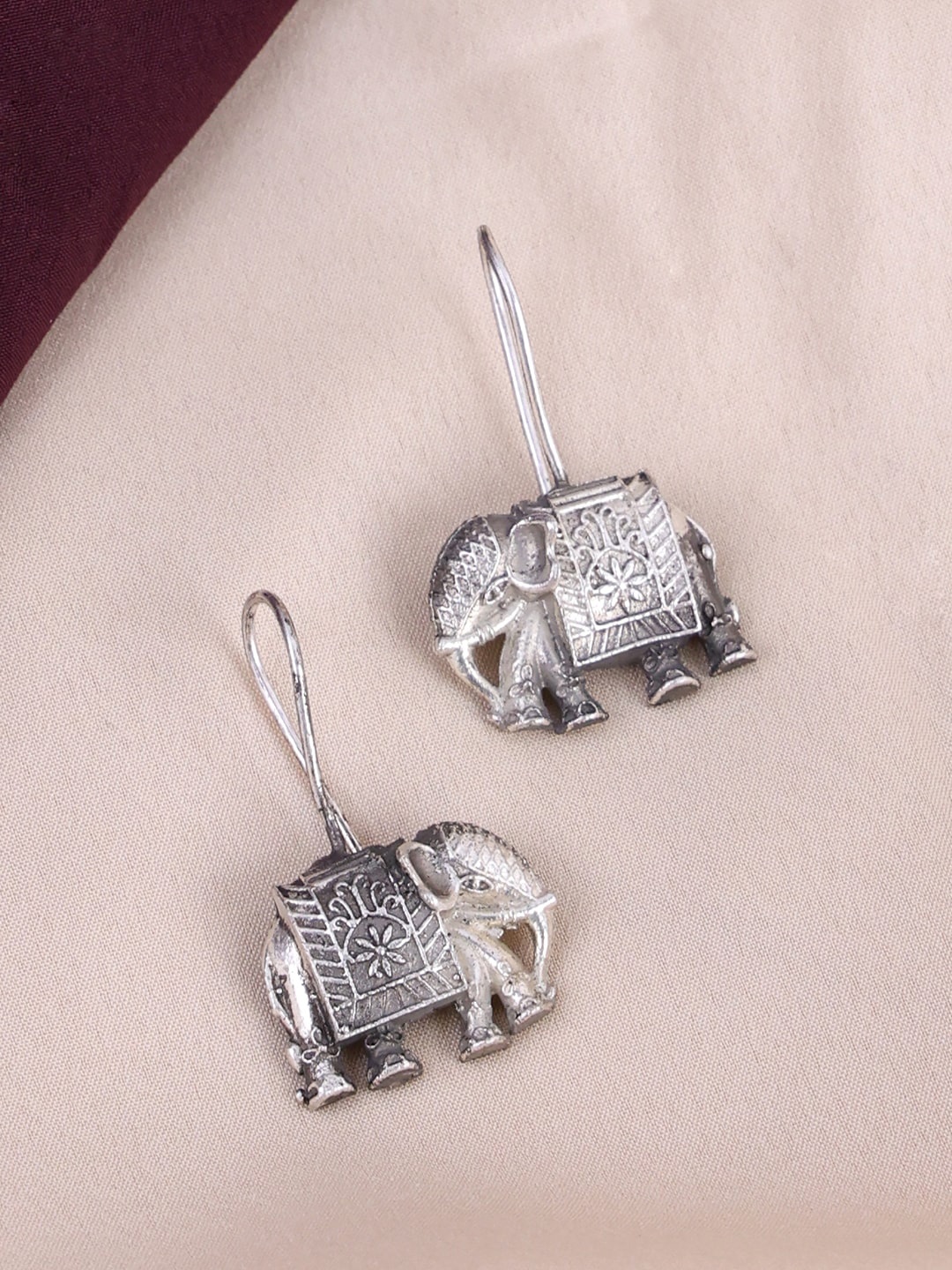 

PANASH Silver Toned Elephant Shaped Oxidized Silver-Plated Drop Earrings