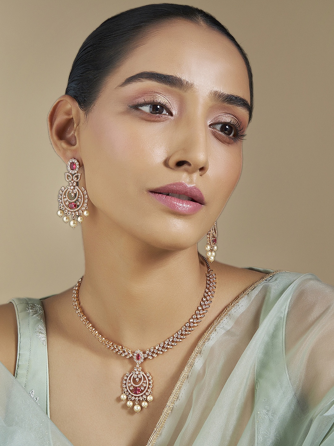 

Kushal's Fashion Jewellery Gold Plated CZ Studded Jewellery Set