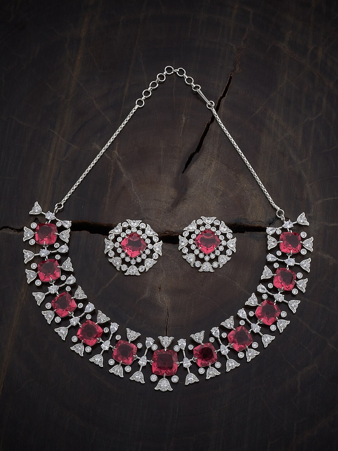 

Kushal's Fashion Jewellery Rhodium Plated Cubic Zirconia Stone Studded Jewellery Set, Silver