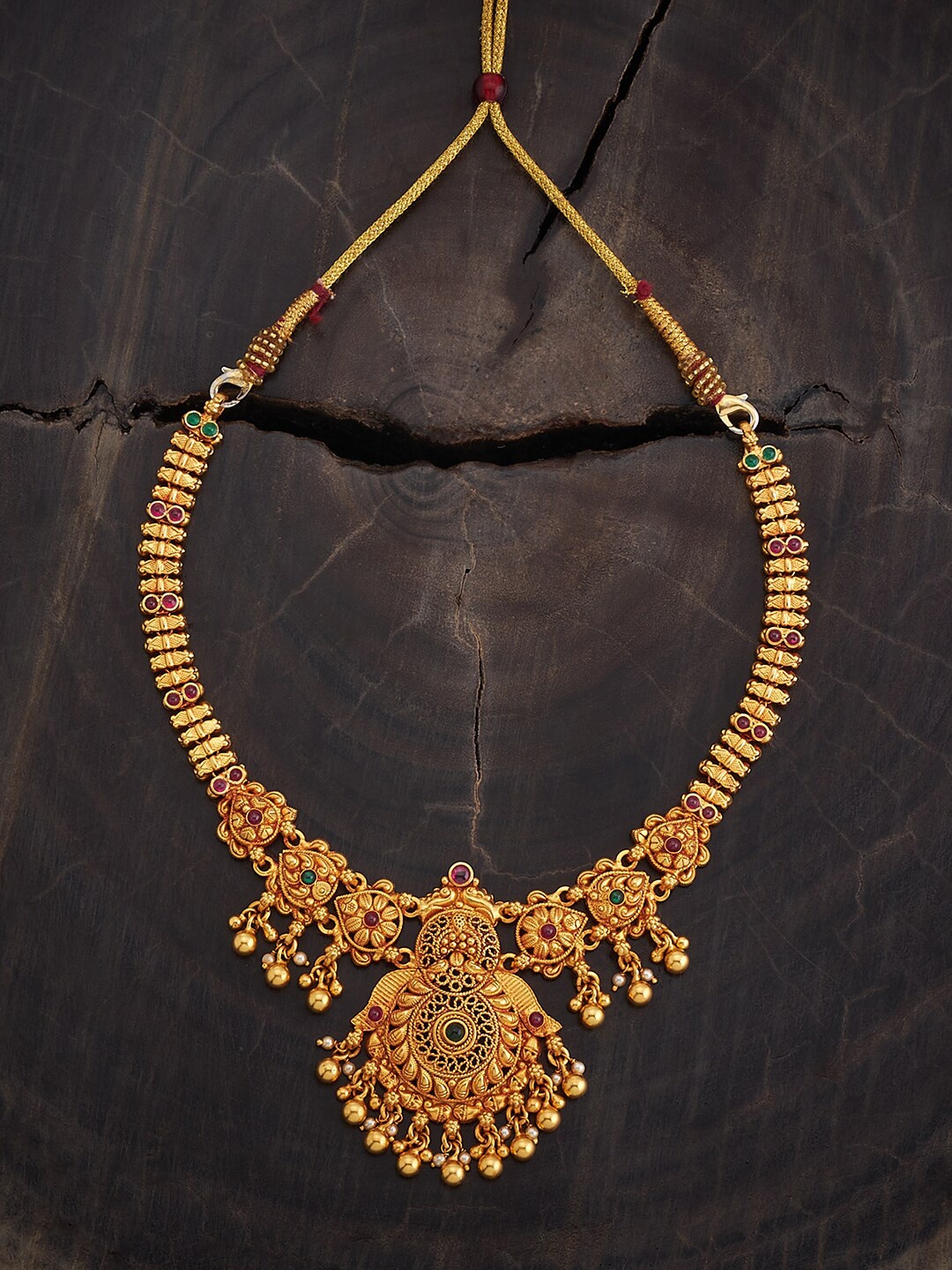 

Kushal's Fashion Jewellery 92.5 Pure Silver Gold-Plated Stones Studded Temple Necklace