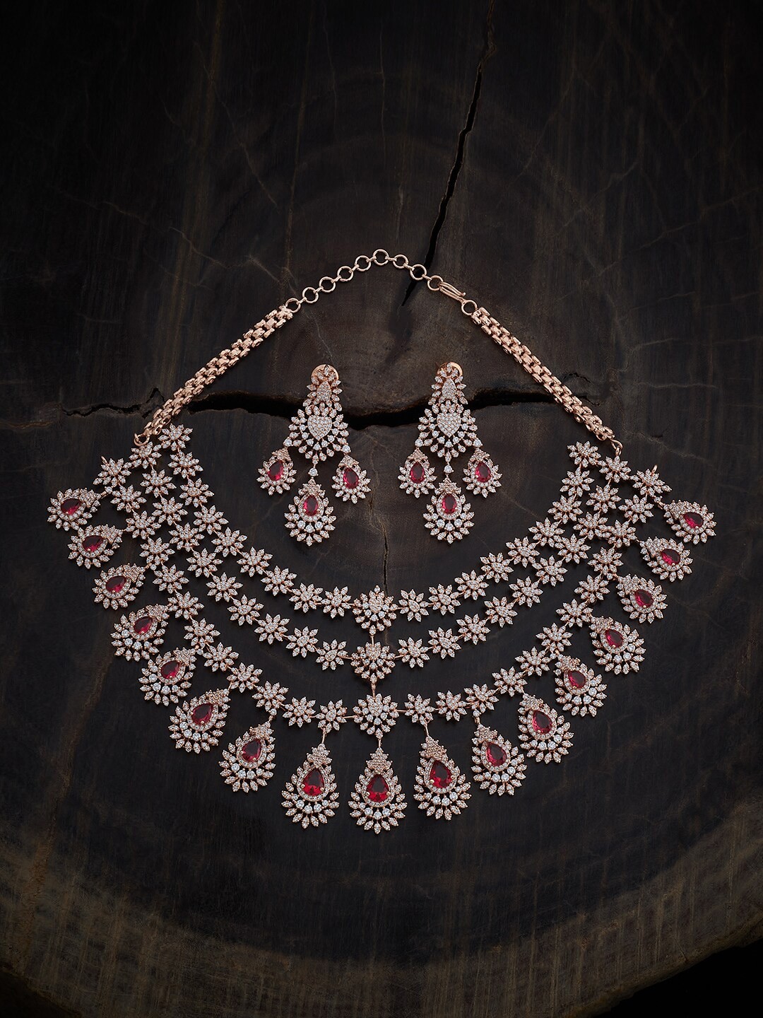 

Kushal's Fashion Jewellery Rose Gold-Plated Cubic Zirconia Studded Jewellery Set, Red