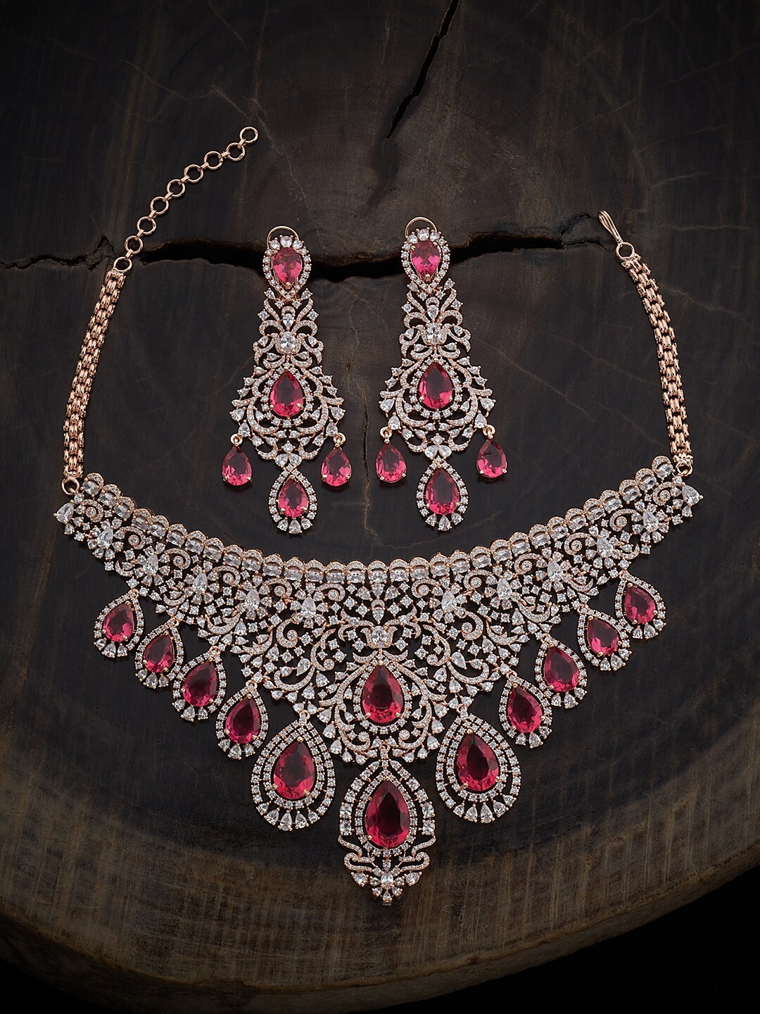 

Kushal's Fashion Jewellery Rose Gold Plated Stone Studded Jewellery Set, Red