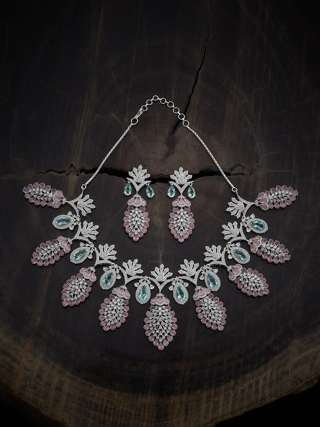 

Kushal's Fashion Jewellery Rhodium Plated Cubic Zirconia Studded Jewellery Set, Silver