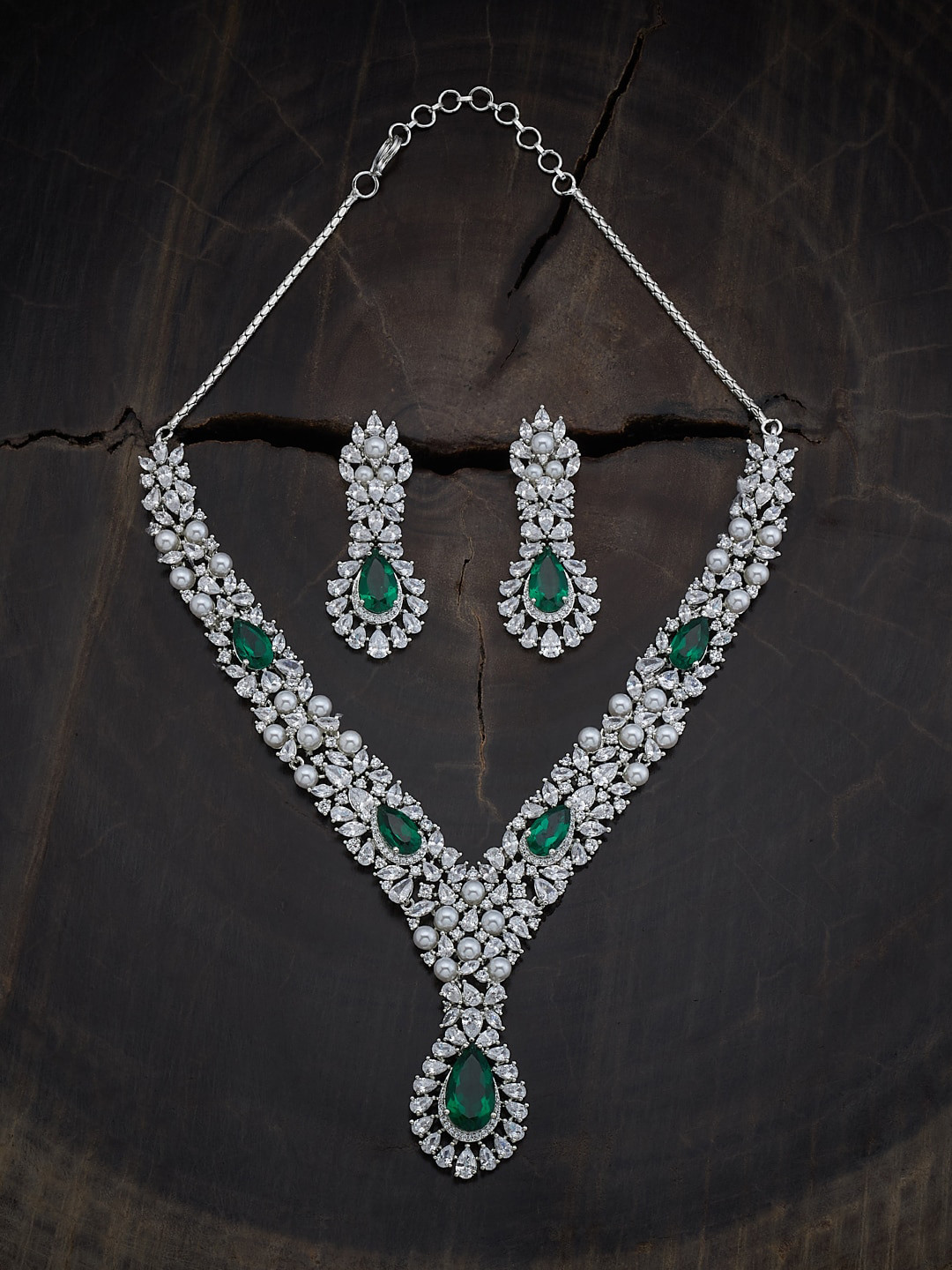 

Kushal's Fashion Jewellery Rhodium-Plated Cubic Zirconia Studded Jewellery Set, Silver