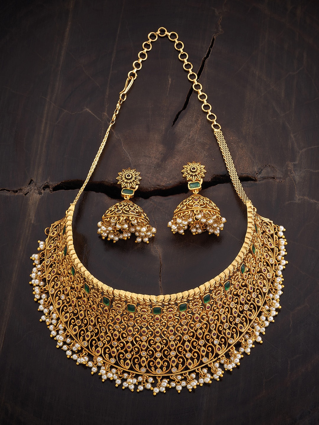 

Kushal's Fashion Jewellery Stone Beaded Antique Jewellery Set, Gold