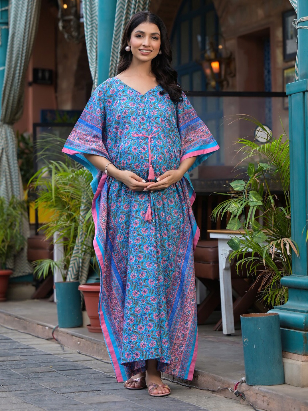 

Aujjessa Floral Print Cotton V-Neck Kimono Sleeves Maternity Maxi Casual Dress, Turquoise blue