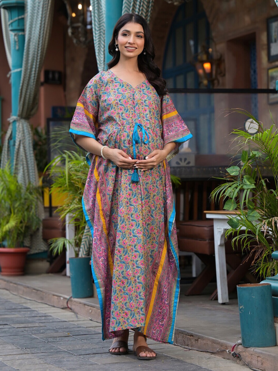 

Aujjessa Floral Print Cotton V-Neck Kimono Sleeves Maternity Maxi Dress, Olive