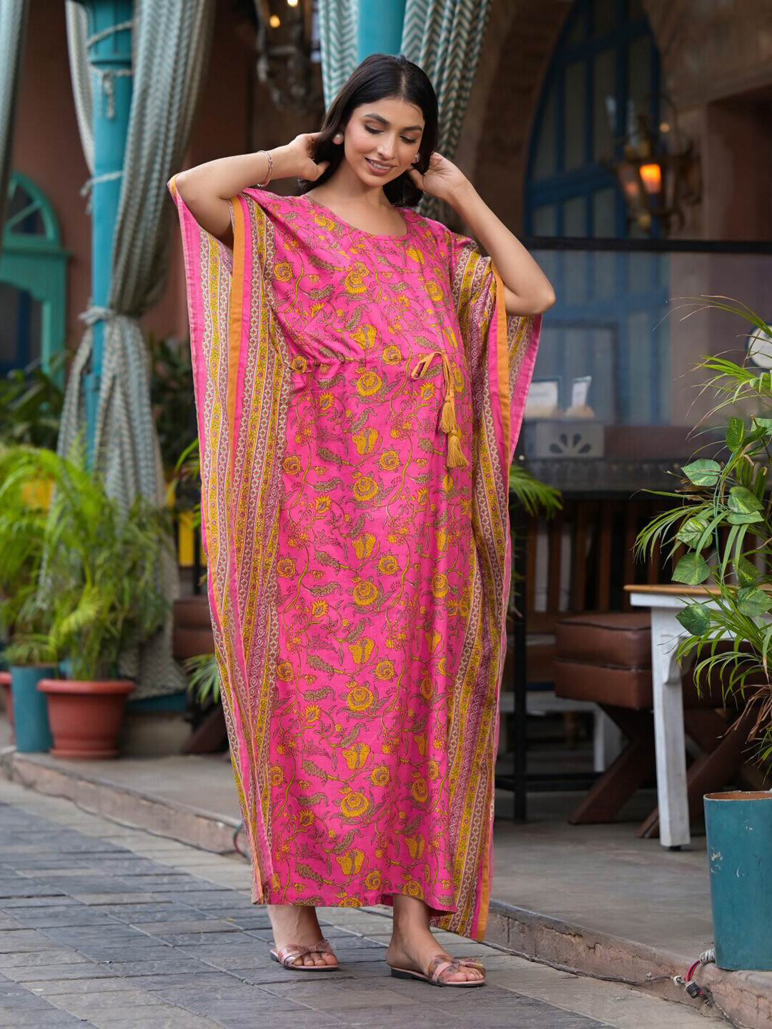 

Aujjessa Floral Print Cotton Kimono Sleeves Maternity Maxi Casual Dress, Pink