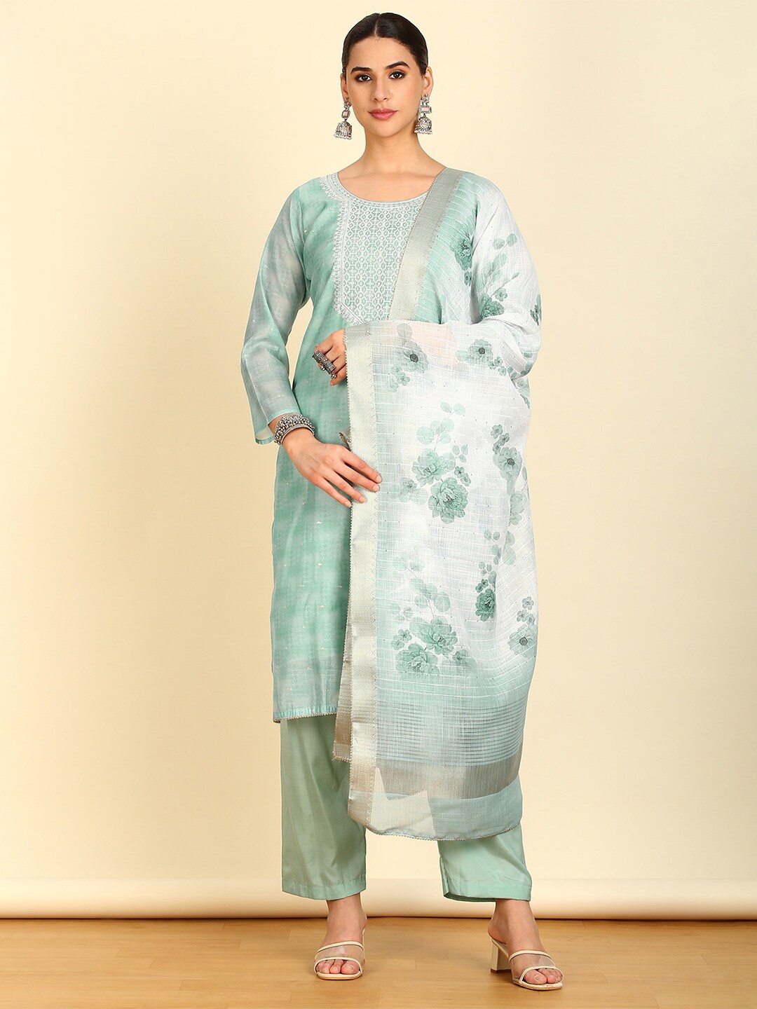 

Soch Turquoise Blue Ethnic Motifs Printed Sequinned Unstitched Dress Material