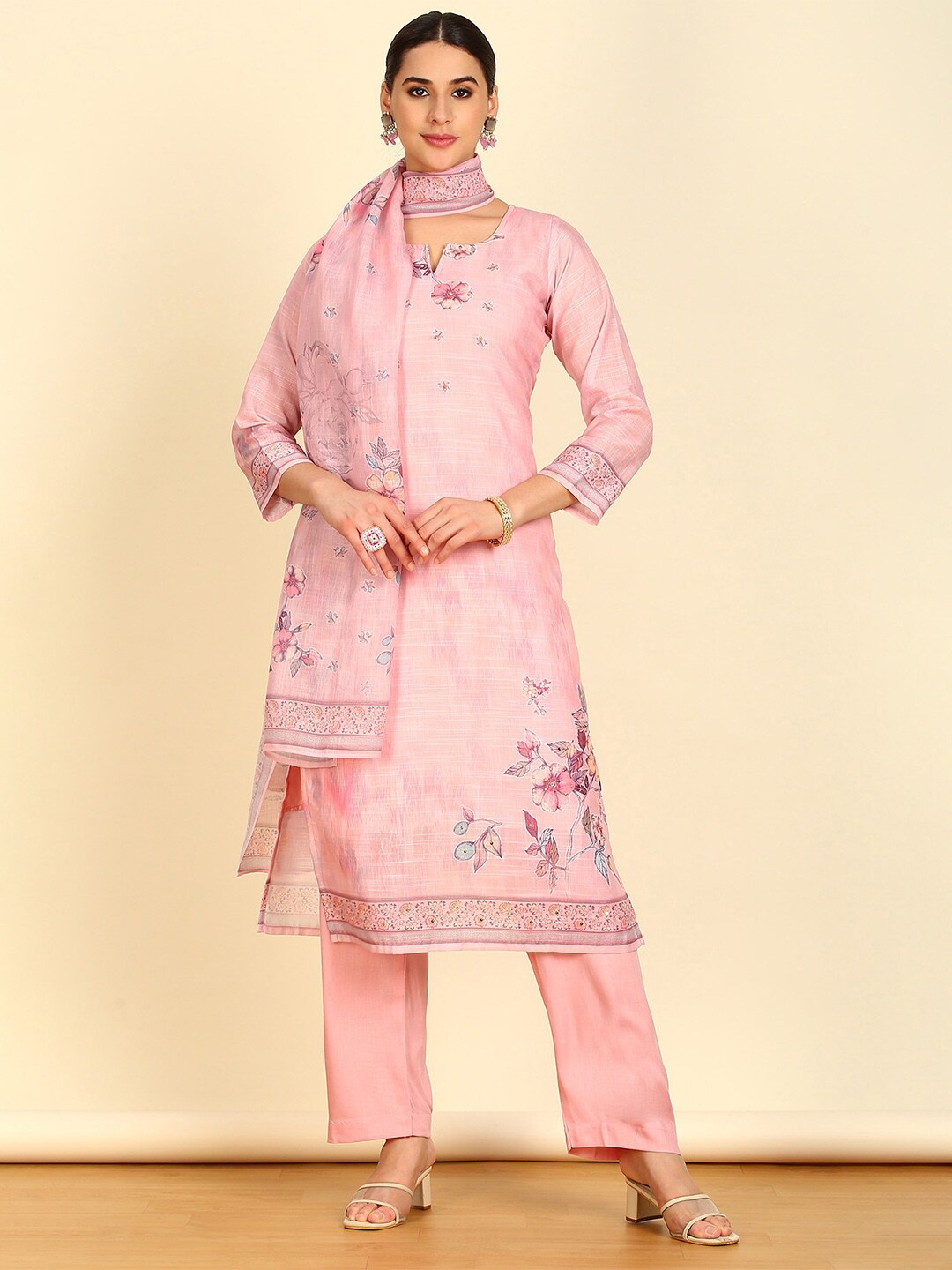 

Soch Printed Linen Unstitched Dress Material, Pink