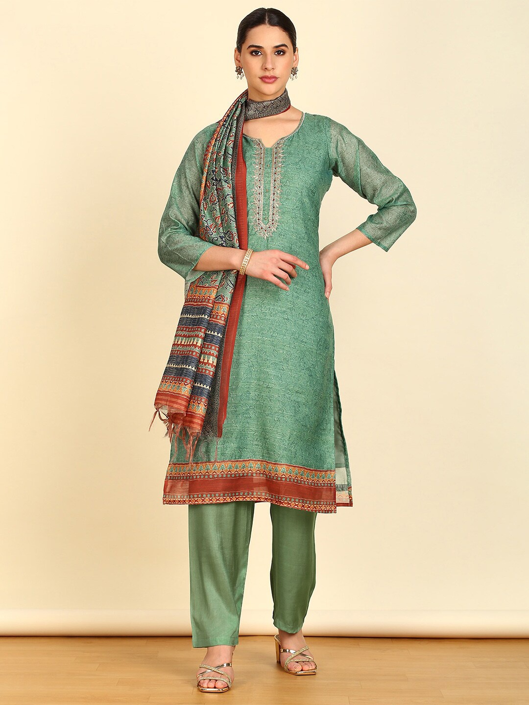 

Soch Printed Unstitched Dress Material, Teal