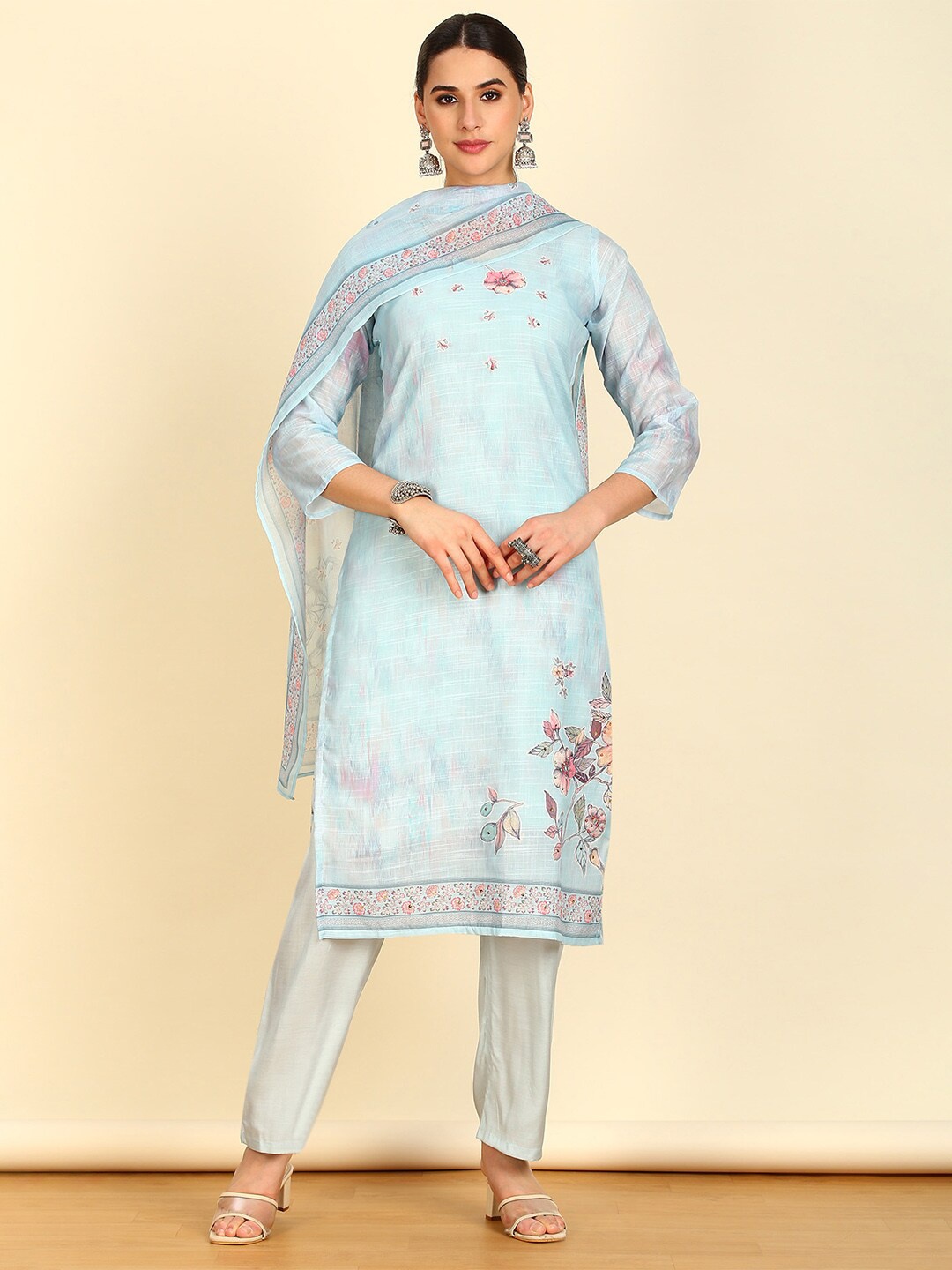 

Soch Printed Linen Unstitched Dress Material, Blue