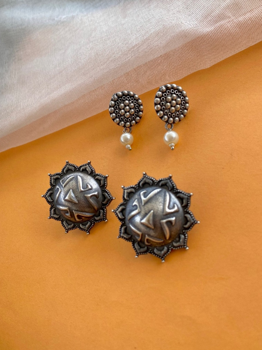 

ATIBELLE Set of 2 German Silver Plated Beaded Studs Earrings