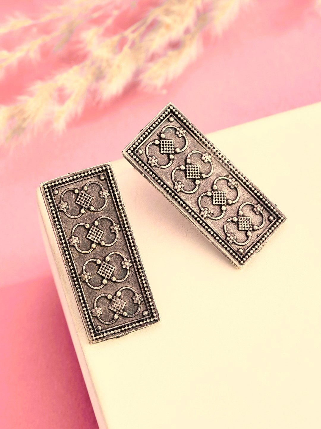 

ATIBELLE German Silver Silver-Plated Geometric Shaped Drop Earrings