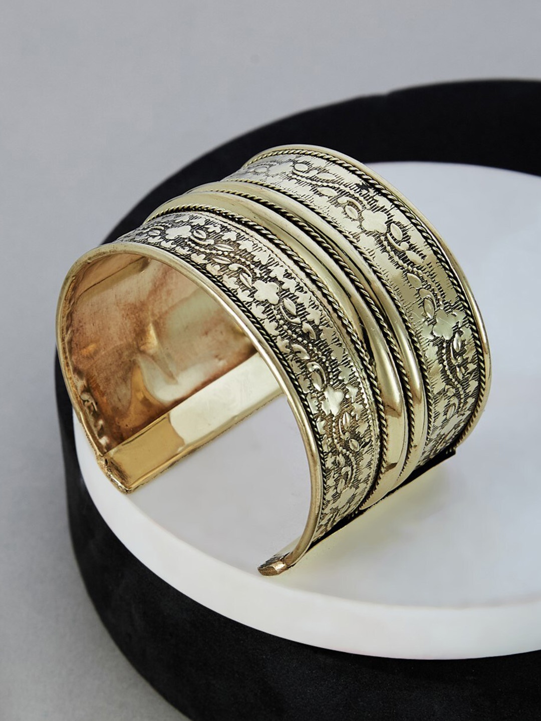 

ATIBELLE German Silver Floral-Textured Cuff Bangle, Gold