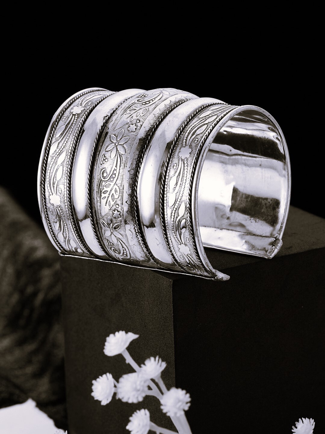 

ATIBELLE Silver Plated Floral & Textured Cuff Bangle