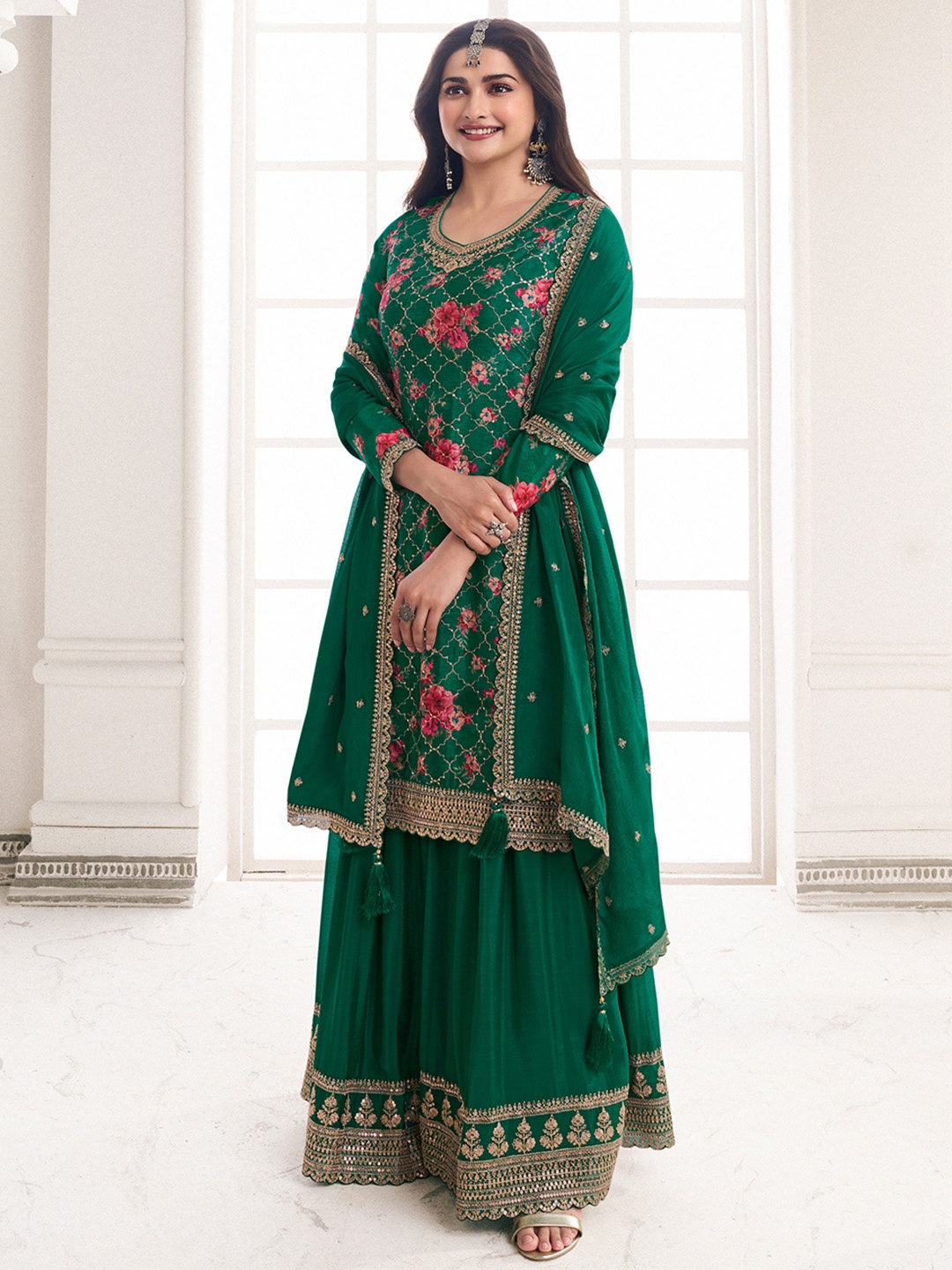 

Seerat Floral Printed Regular Silk Chiffon Straight Kurta With Sharara & With Dupatta, Green