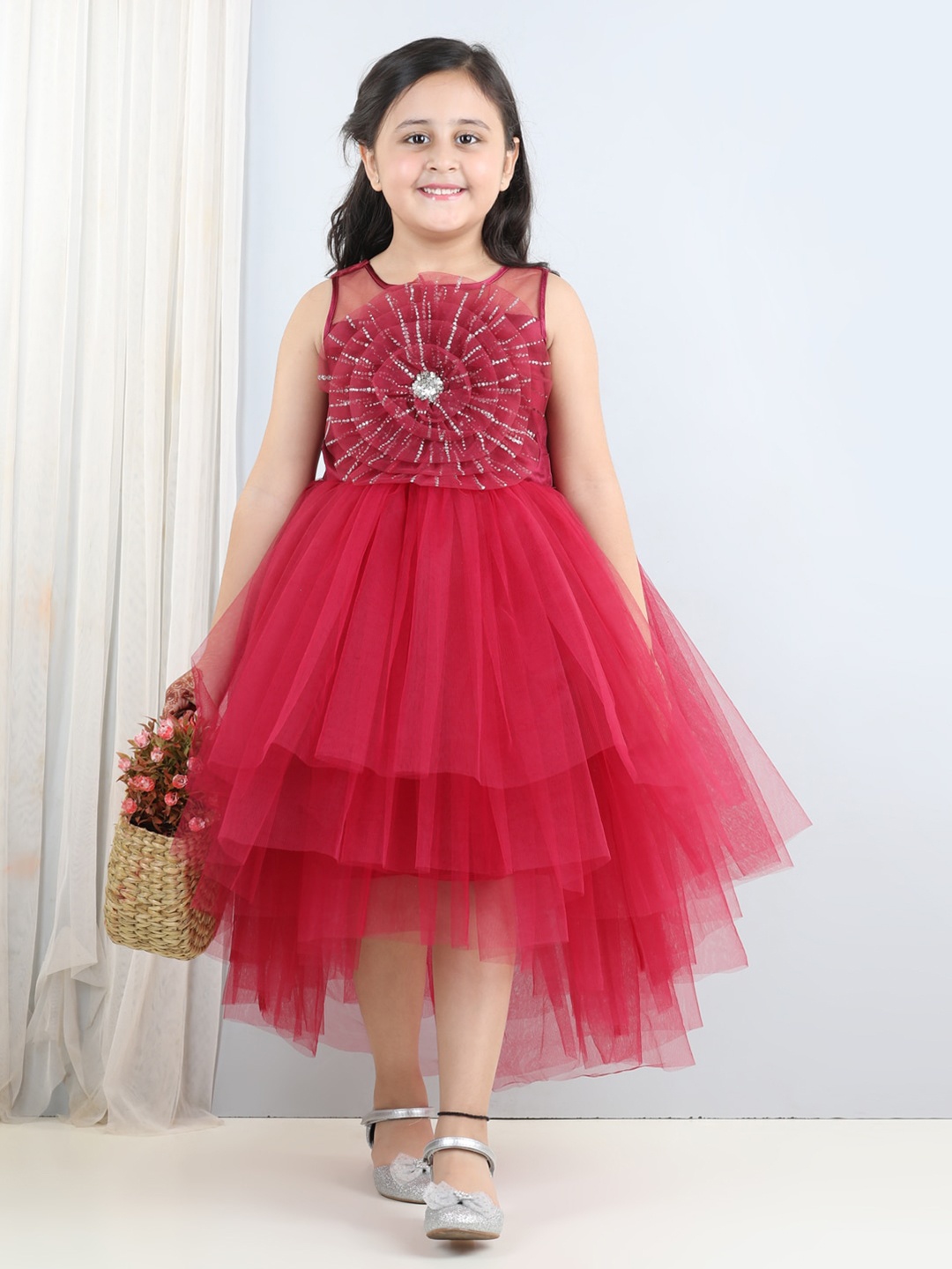 

Toy Balloon kids Girls Embellished Corsage Midi Fit & Flare Dress, Maroon