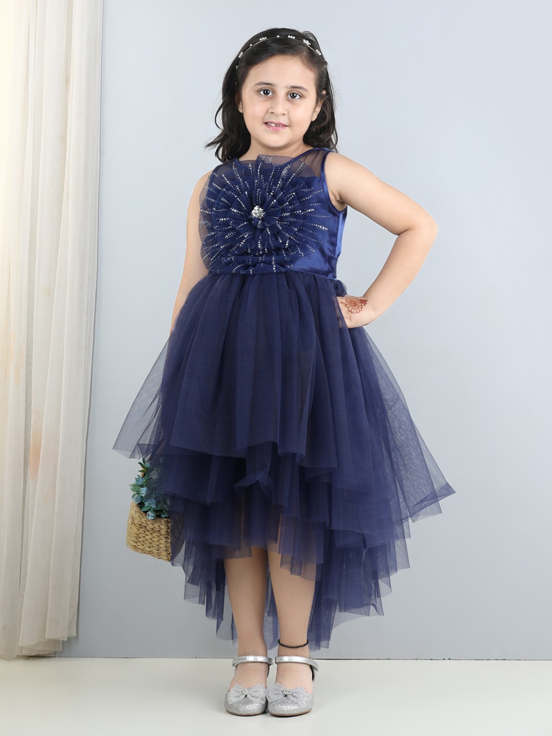 

Toy Balloon kids Girls Embellished Corsage Midi Fit & Flare Dress, Navy blue