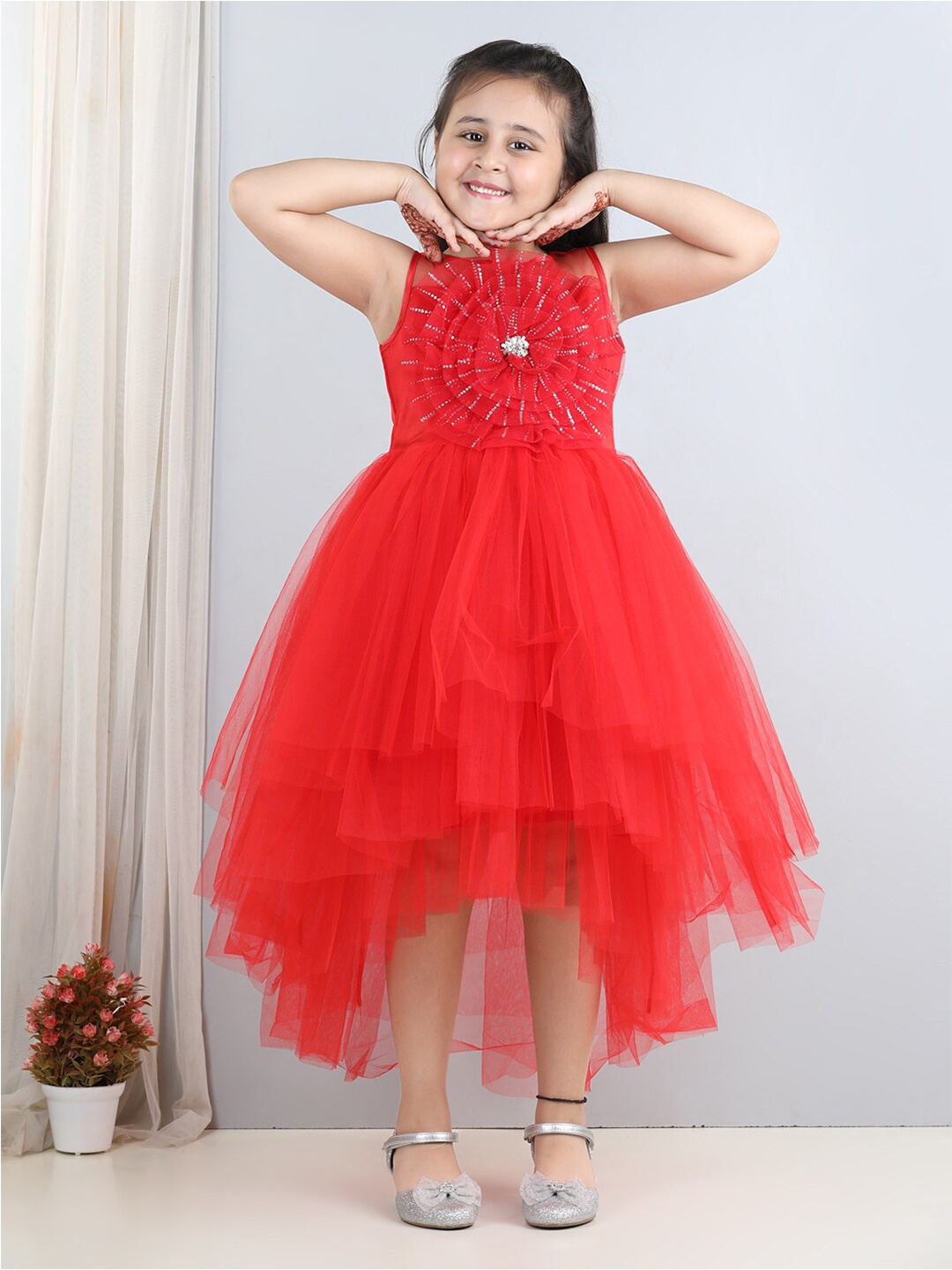 

Toy Balloon kids Girls Embellished Corsage Net Midi Fit & Flare Dress, Red