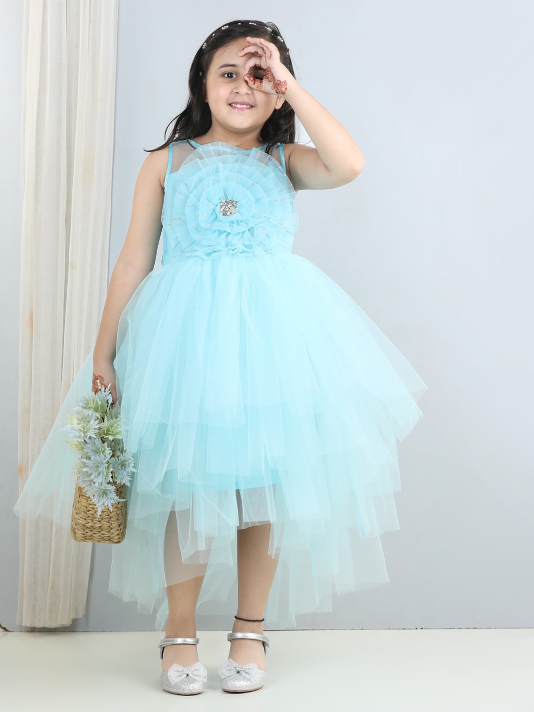 

Toy Balloon kids Girls Self Design Corsage Net Midi Fit & Flare Dress, Turquoise blue