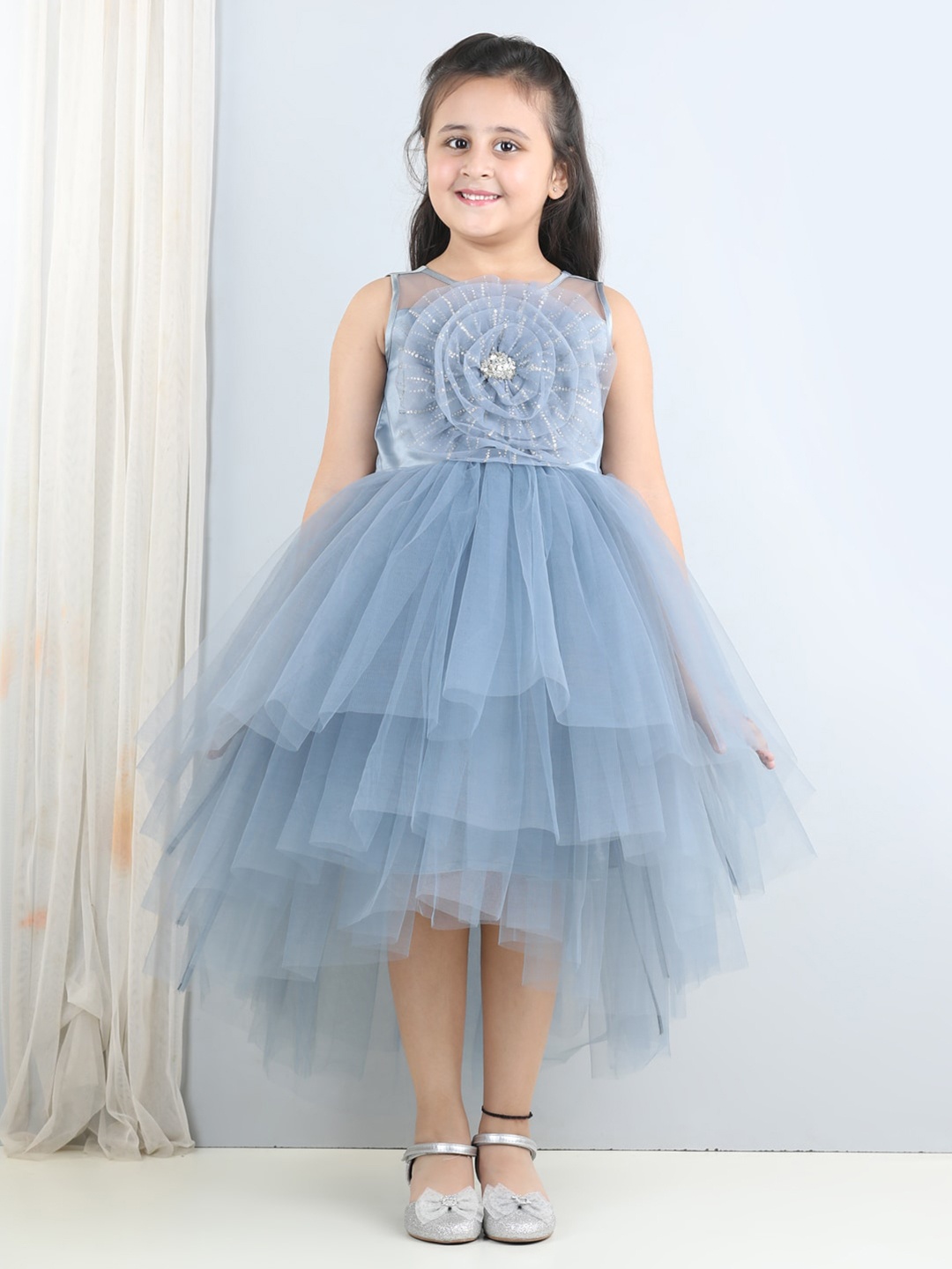 

Toy Balloon kids Girls Embellished Corsage Net Midi Fit & Flare Dress, Grey