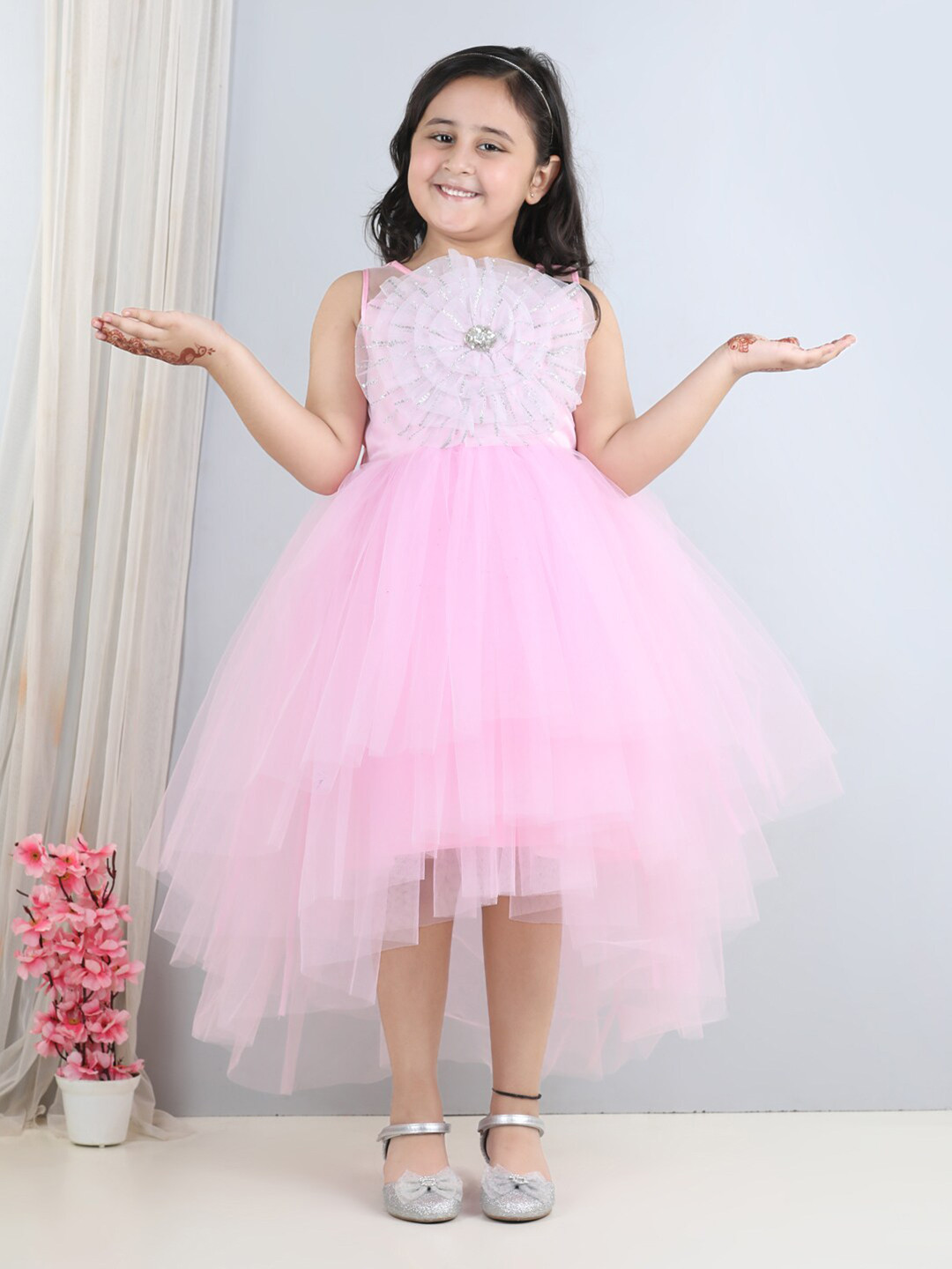 

Toy Balloon kids Girls Embellished Corsage Net Midi Fit & Flare Dress, Pink
