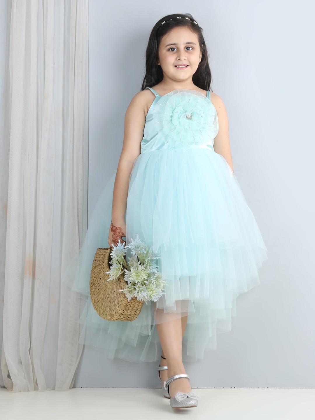 

Toy Balloon kids Girls Embellished Corsage Net Midi Fit & Flare Dress, Sea green