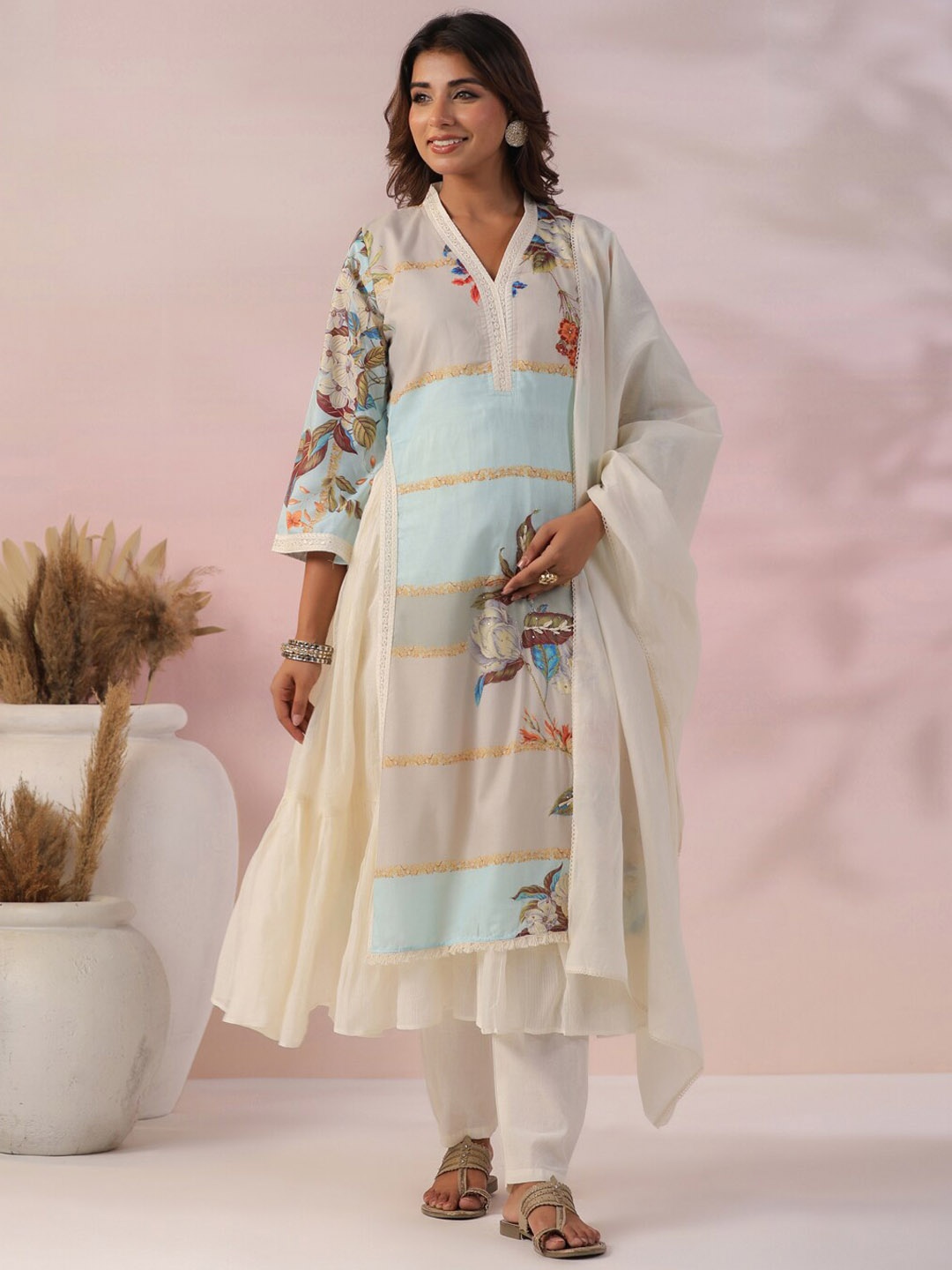 

FASHOR Floral Printed Layered Beads and Stones Pure Cotton Kurta With Trouser & Dupatta, White