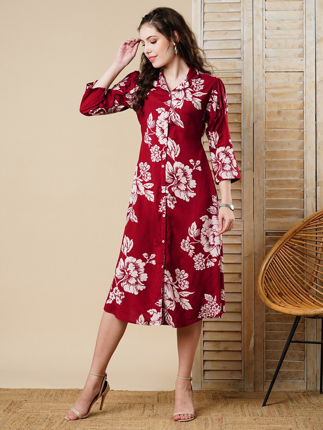 

FASHOR Floral Printed A-Line Midi Dress, Maroon