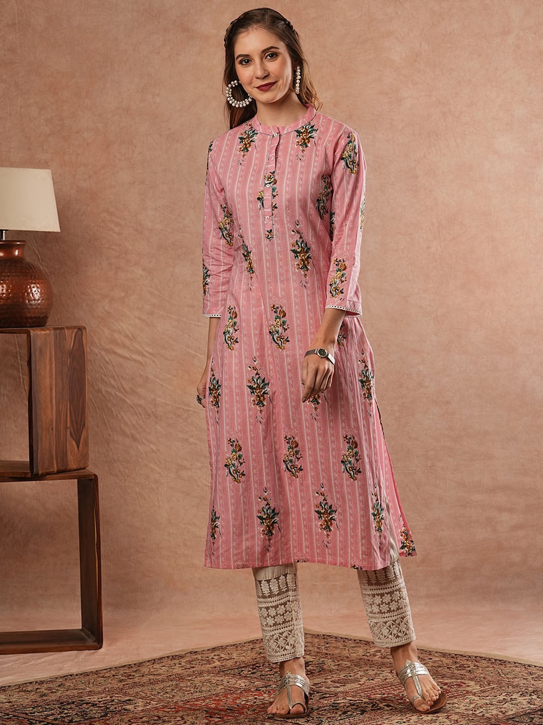 

FASHOR Mandarin Collar Floral Printed Cotton Straight Kurta, Pink