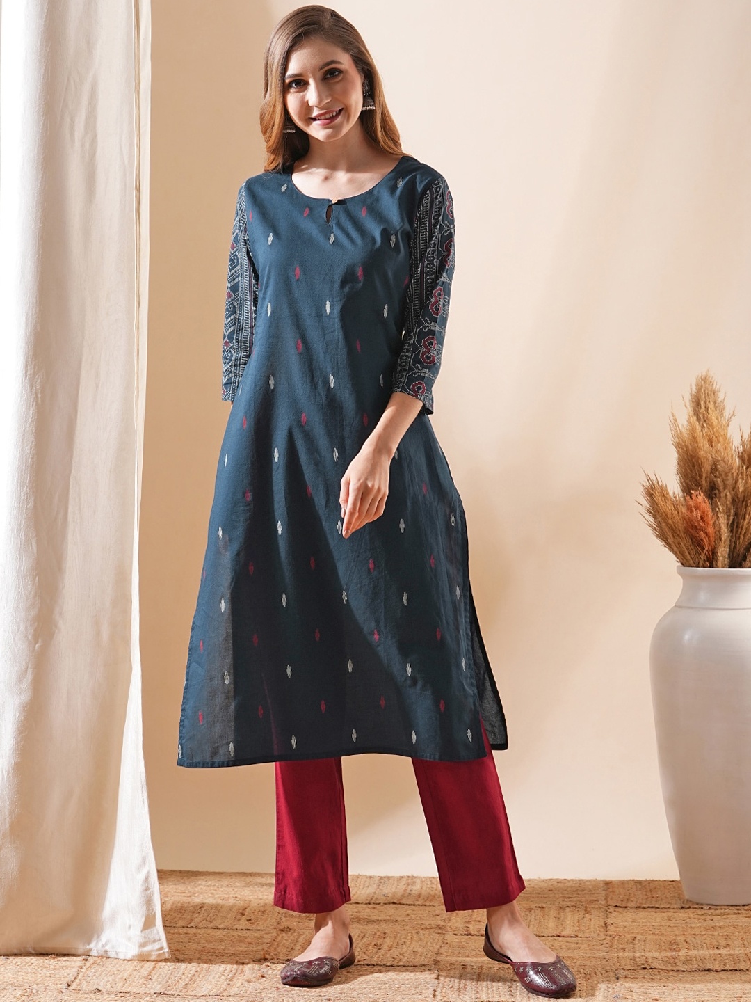 

FASHOR Ethnic Motifs Printed Cotton Straight Kurta, Teal