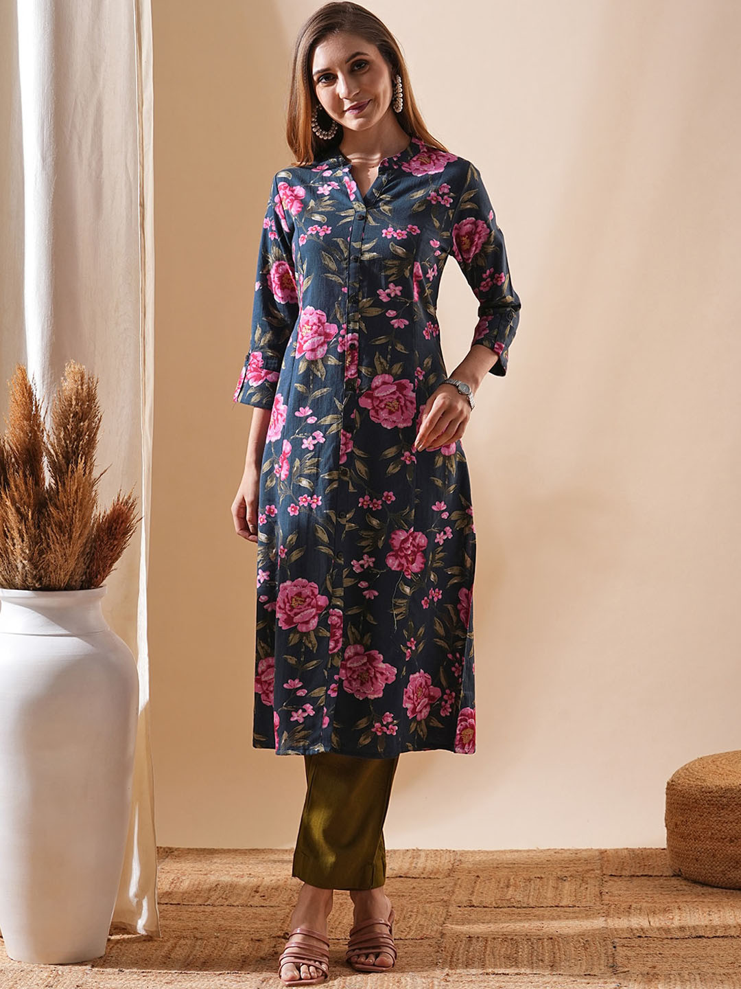 

FASHOR Mandarin Collar Floral Printed Cotton A-Line Kurta, Blue