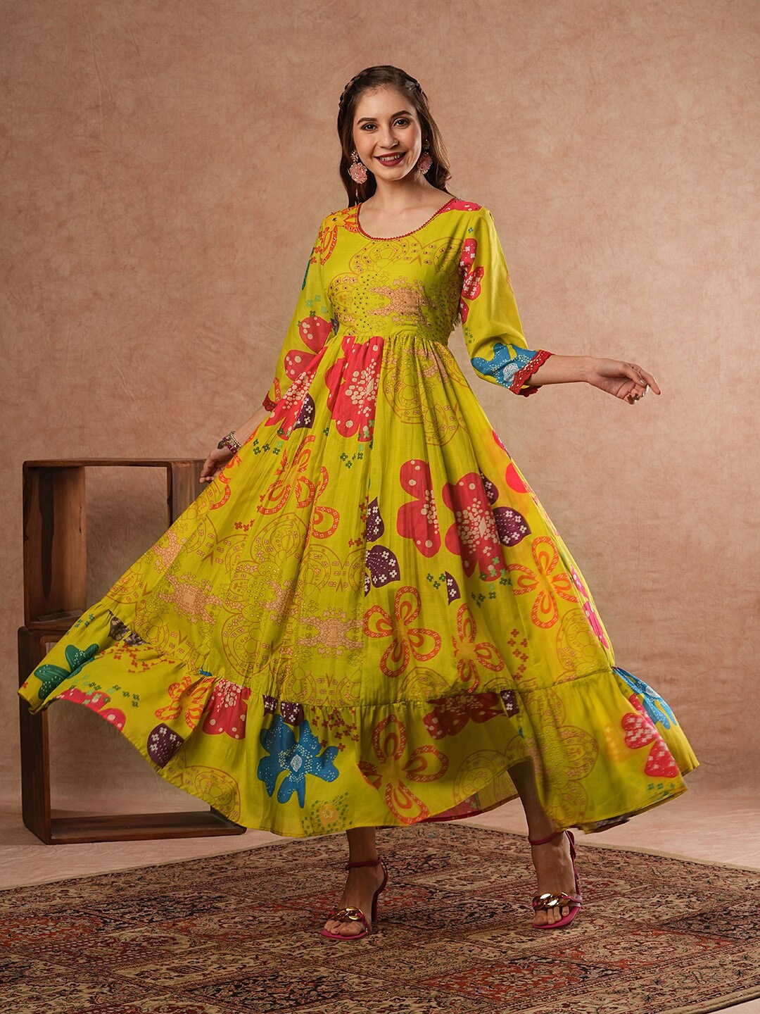 

FASHOR Floral Printed Cotton Maxi Dress, Lime green