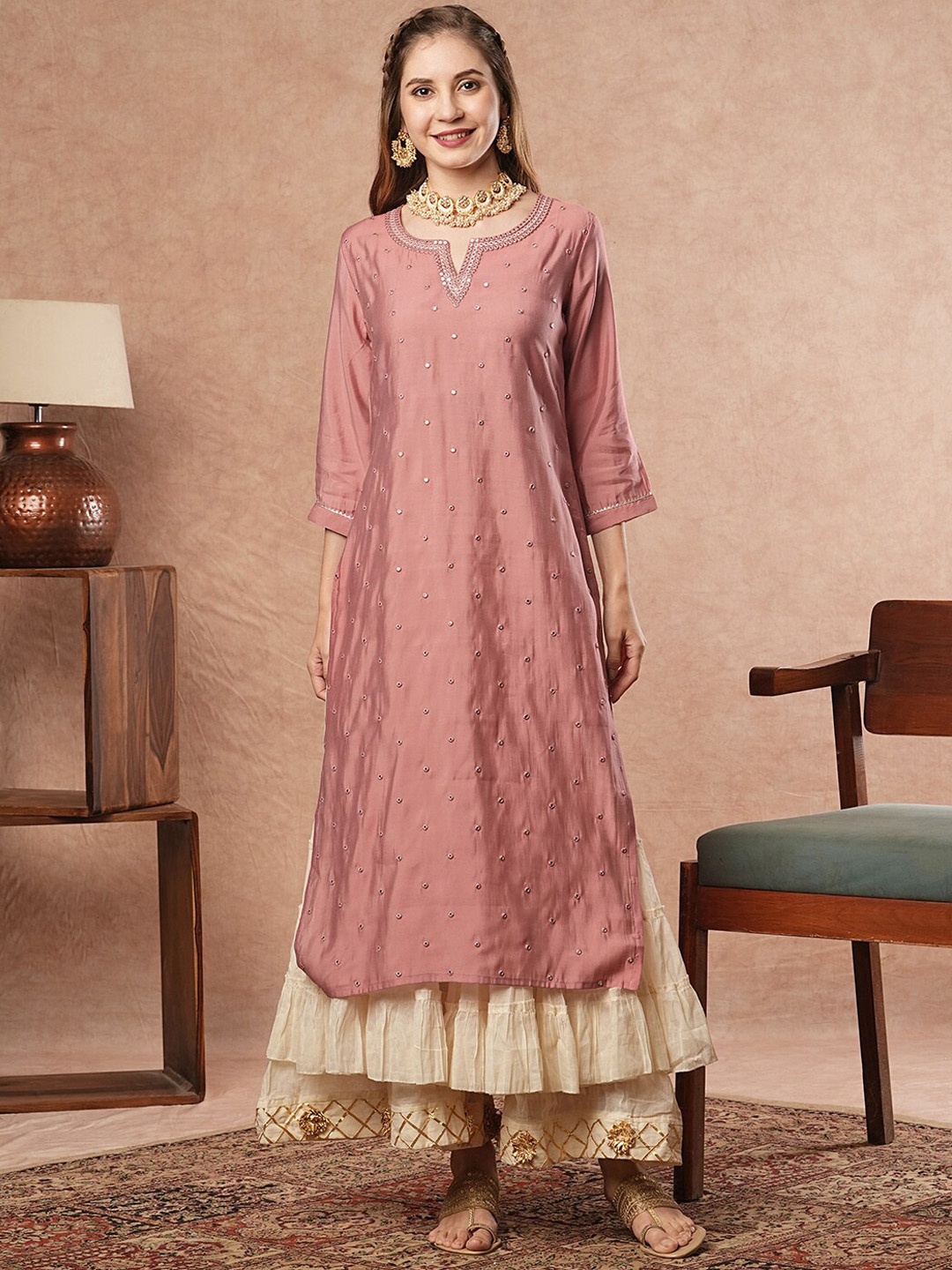 

FASHOR Floral Embroidered Mirror Work Silk Straight Kurta, Pink